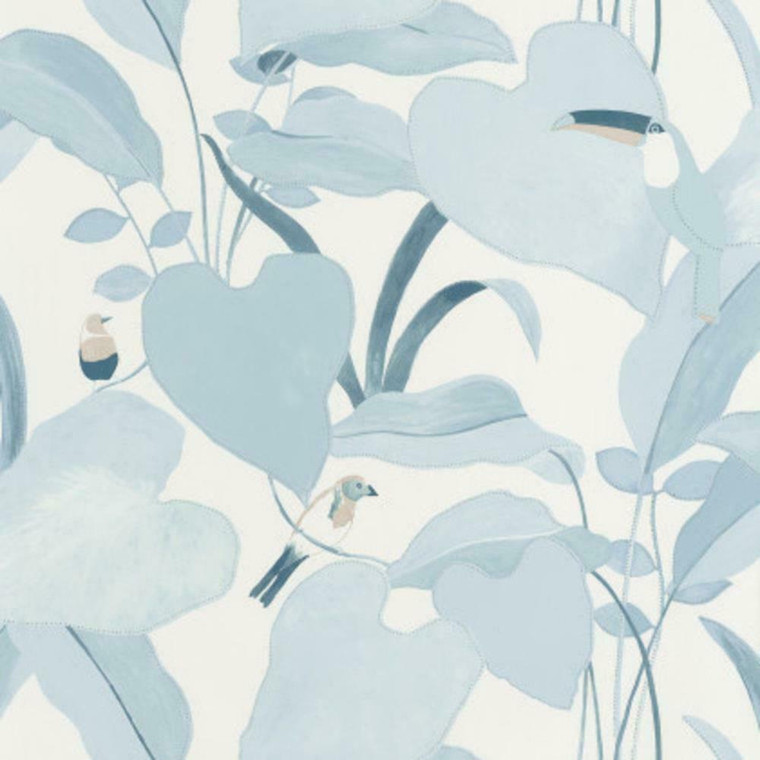 101426215 - Odyssee Exotic Birds Jungle Leaves Blue Casadeco Wallpaper