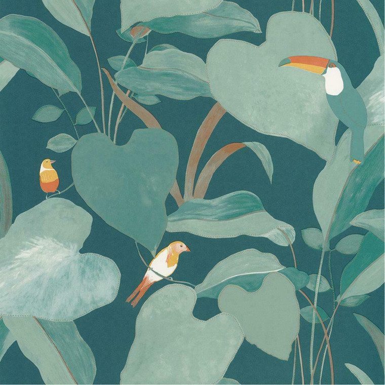 101426803 - Odyssee Exotic Birds Jungle Leaves Blue Casadeco Wallpaper