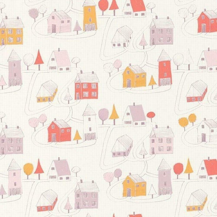 82841230 - Happy Dreams Sketched Houses Trees Pink Casadeco Wallpaper