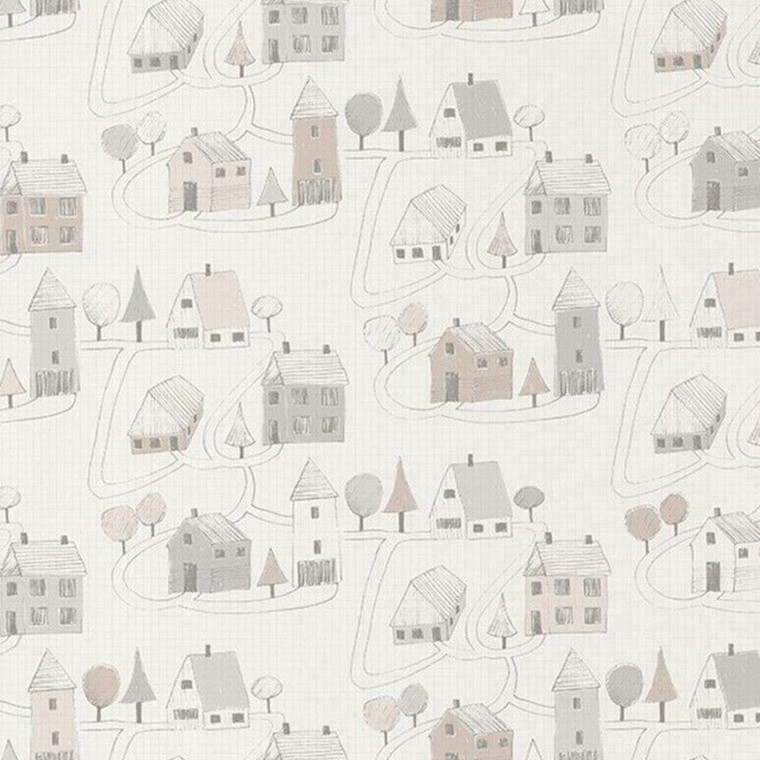 82841329 - Happy Dreams Sketched Houses Trees Beige Casadeco Wallpaper