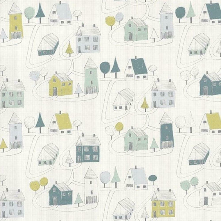 82847128 - Happy Dreams Sketched Houses Trees Green Casadeco Wallpaper