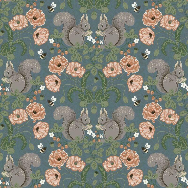 44122 - Apelviken2 Squirrels Floral Blue Galerie Wallpaper