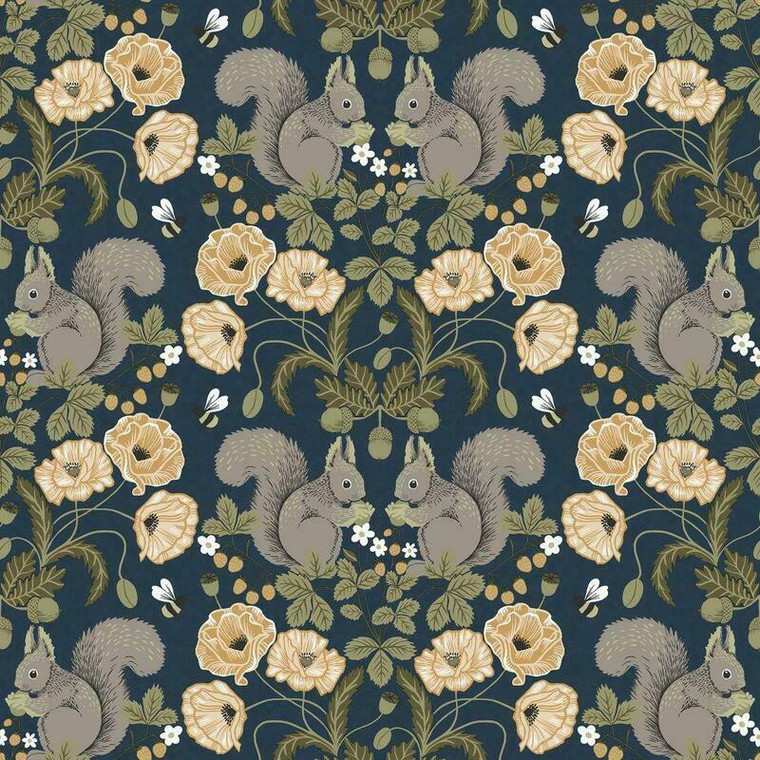 Galerie 44123 - Apelviken2 Squirrels Floral Dark blue Galerie Wallpaper roll - luxury design for UK feature walls