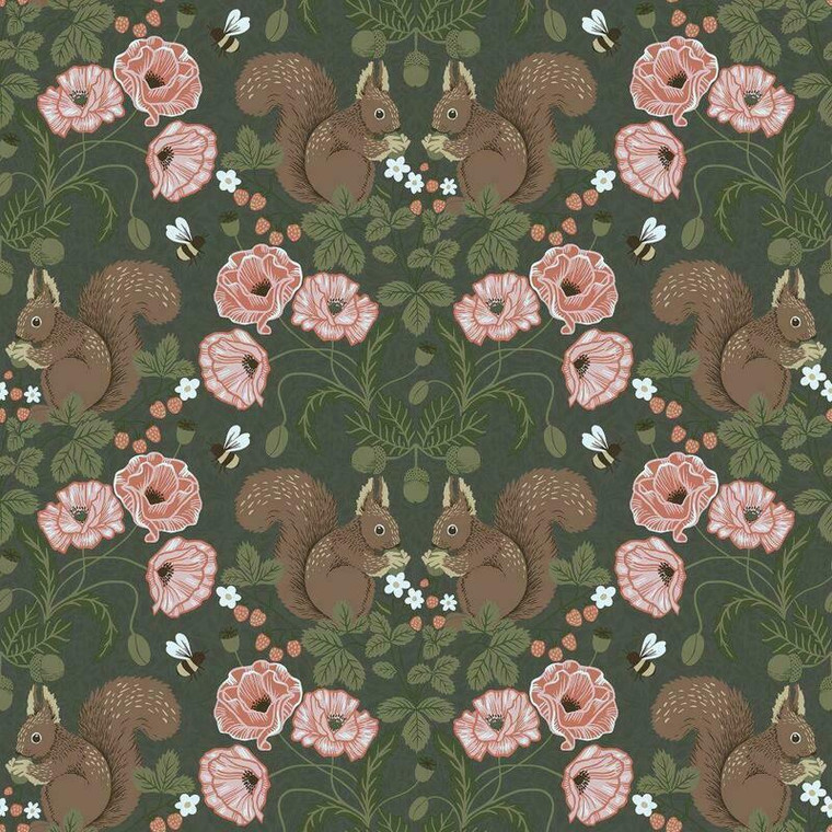 44124 - Apelviken2 Squirrels Floral Green Galerie Wallpaper