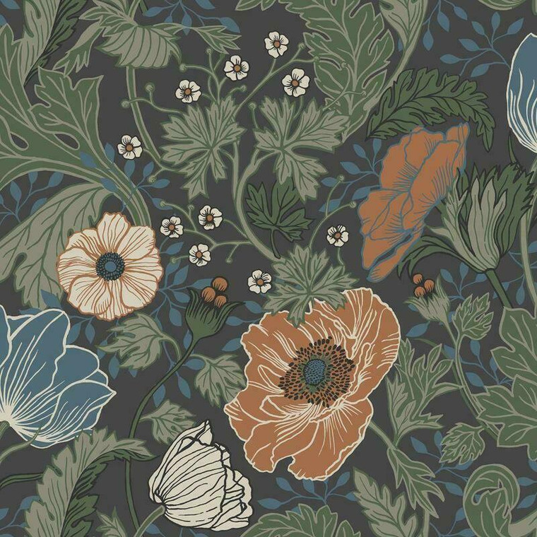 Galerie 33003 - Apelviken2 Floral Poppies Black Orange Galerie Wallpaper roll - luxury design for UK feature walls