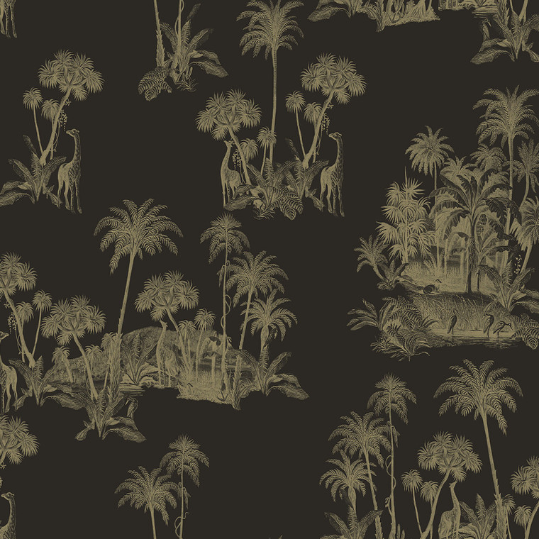 12595 - Ted Baker Fantasia Animals Birds Botanics Black Gold Galerie Wallpaper