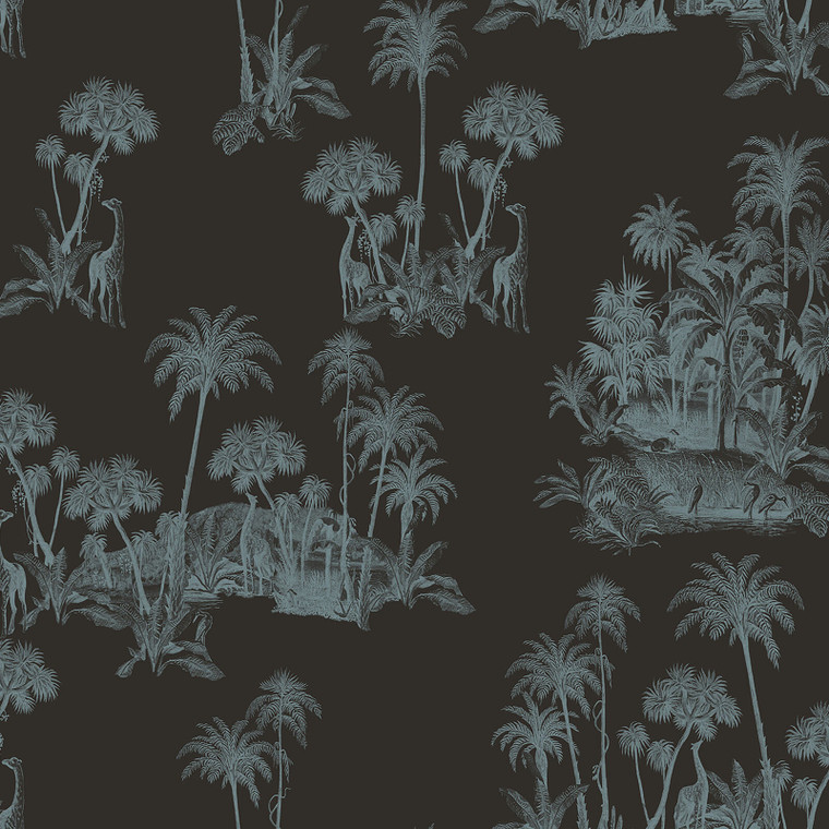 12600 - Ted Baker Fantasia Animals Botanics Black Turquoise Galerie Wallpaper