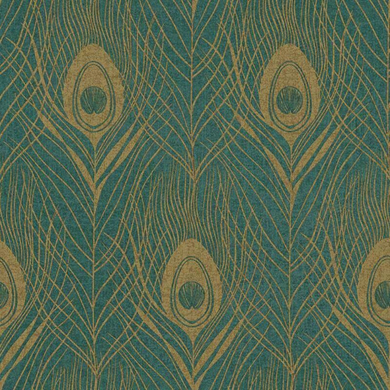 AC60006 - Absolutely Chic Peacock Feather Gold Emerald Green Galerie Wallpaper