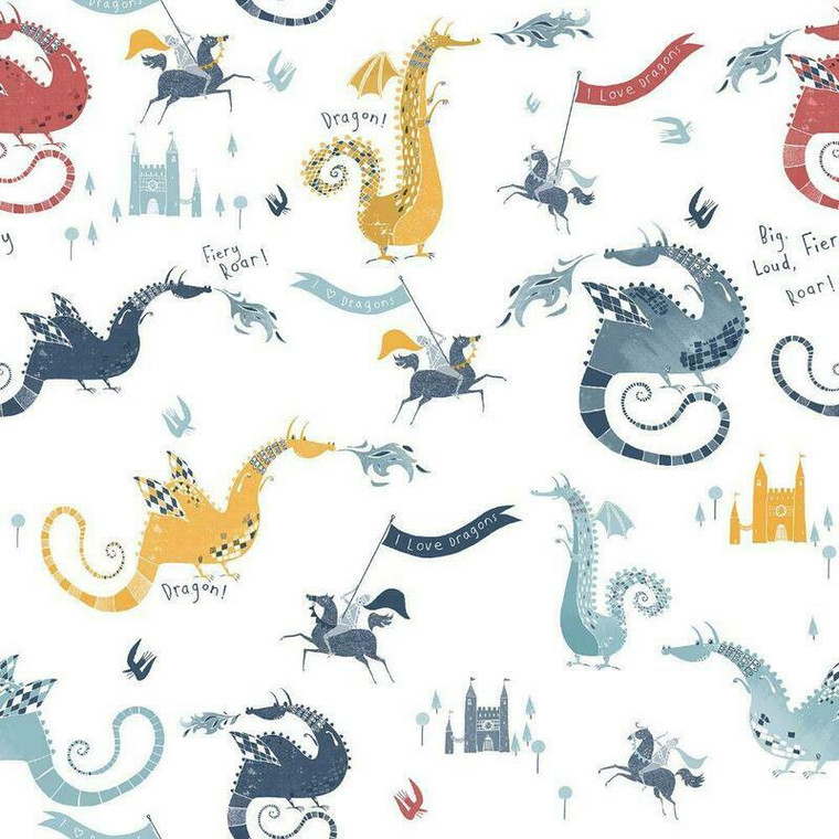 G78369 - Tiny Tots 2 Dragons Knights Castles Navy Red Yellow Galerie Wallpaper