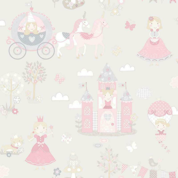 G78370 - Tiny Tots 2 Fairytale Castles Horses Grey Pinks Galerie Wallpaper