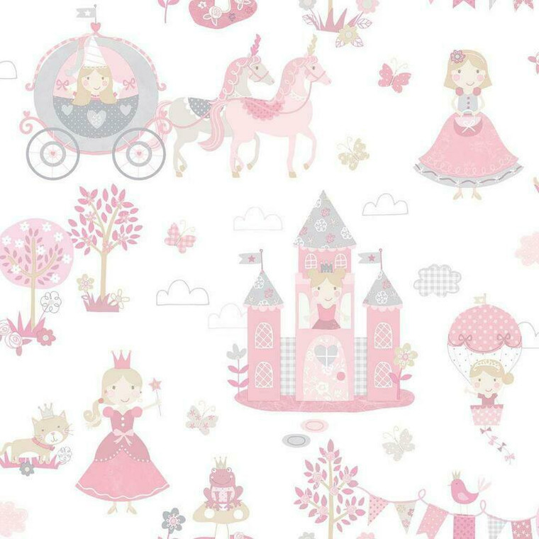 Galerie G78371 - Tiny Tots 2 Fairytale Castles Horses Pinks Grey Galerie Wallpaper roll - luxury design for UK feature walls
