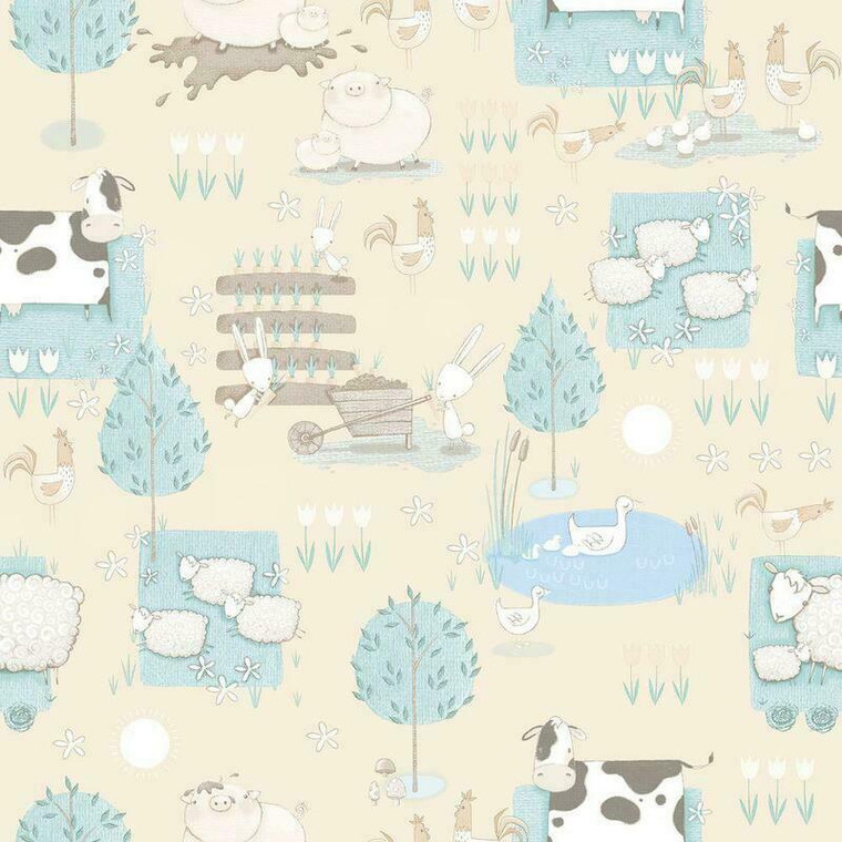 Galerie G78374 - Tiny Tots 2 Farmland Beige Turquoise Galerie Wallpaper roll - luxury design for UK feature walls