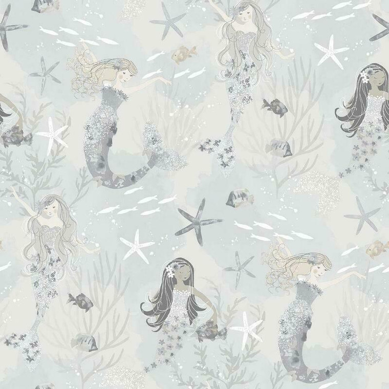 Galerie G78389 - Tiny Tots 2 Mermaids Grey Silver Glitter Galerie Wallpaper roll - luxury design for UK feature walls