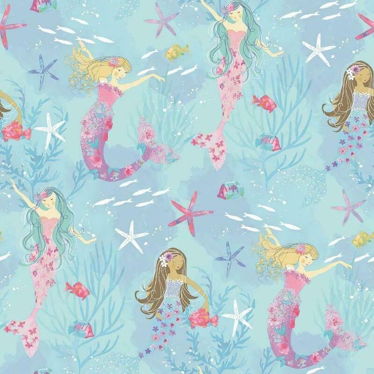 Galerie G78392 - Tiny Tots 2 Mermaids Turquoise Hot Pink Glitter Galerie Wallpaper roll - luxury design for UK feature walls