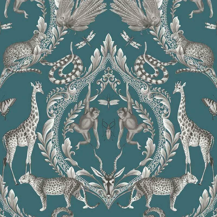 G78313 - Bazaar Tropical Wildlife Damask Teal Galerie Wallpaper