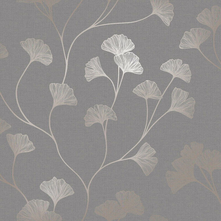 12702 - Glistening 2 Ginkgo Floral Grey Rose Gold Holden Wallpaper
