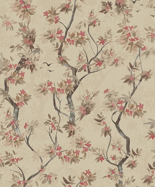 36221 - Patagonia Wild Blossoming Trees Taupe Red Holden Wallpaper