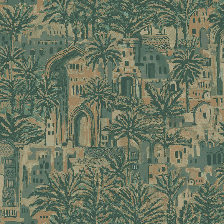 65830 - Alchemy Buildings Palm Trees Green Holden Wallpaper