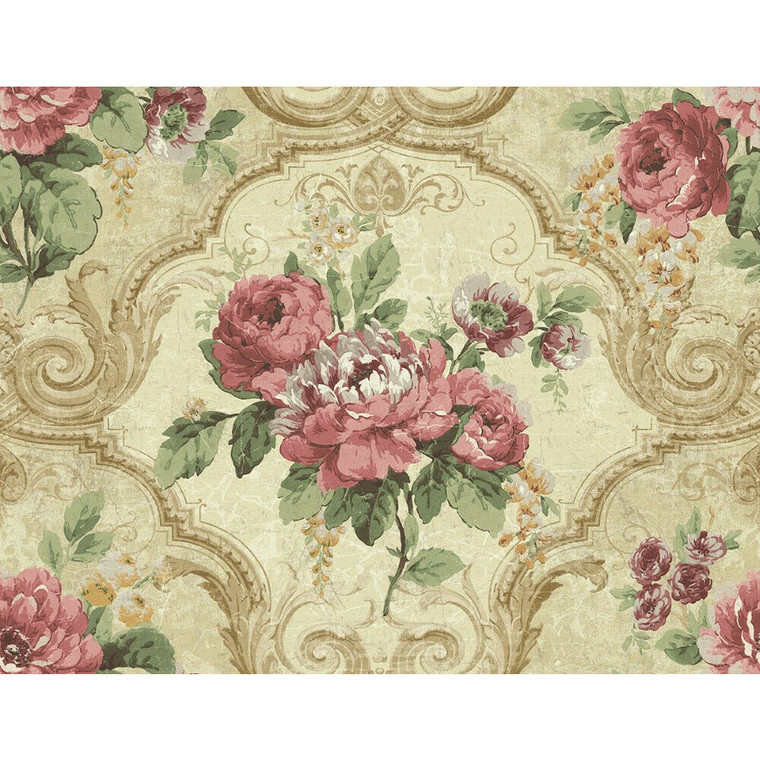 NH20005 - Brockhall Framed floral Gold Pink SJ Dixons Wallpaper