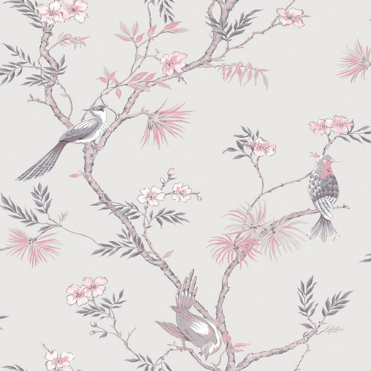 Galerie G78491 - Secret Garden Classic Bird Trail Pink, grey Galerie Wallpaper roll - luxury design for UK feature walls
