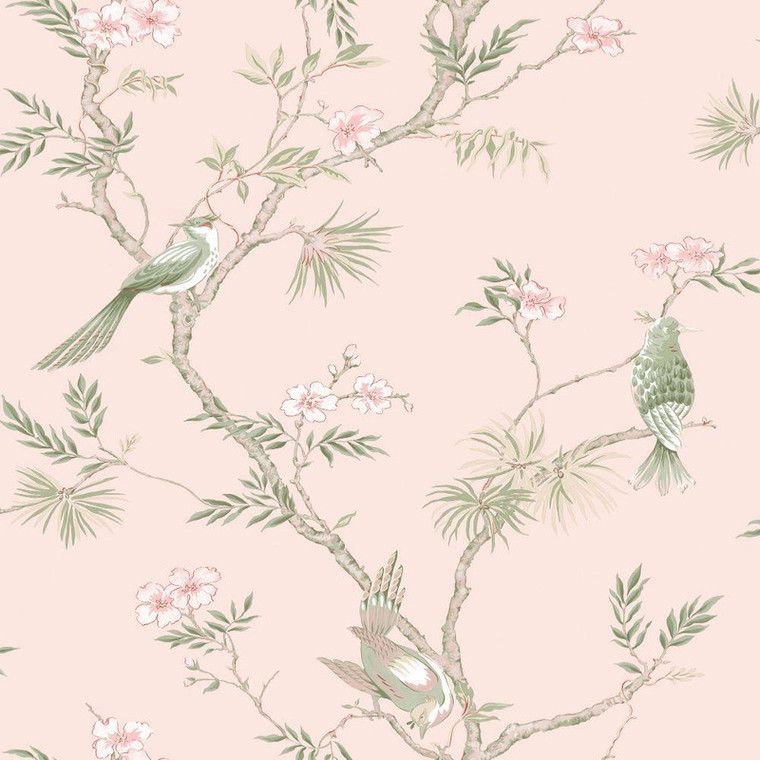 Galerie G78493 - Secret Garden Classic Bird Trail Pink choke, green Galerie Wallpaper roll - luxury design for UK feature walls