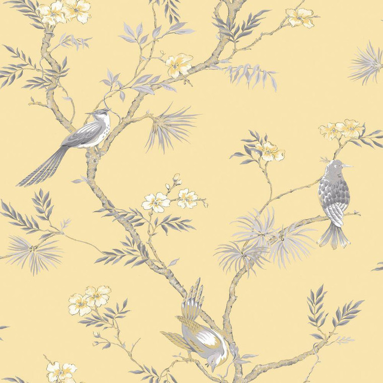 Galerie G78494 - Secret Garden Classic Bird Trail Yellow choke, greys Galerie Wallpaper roll - luxury design for UK feature walls