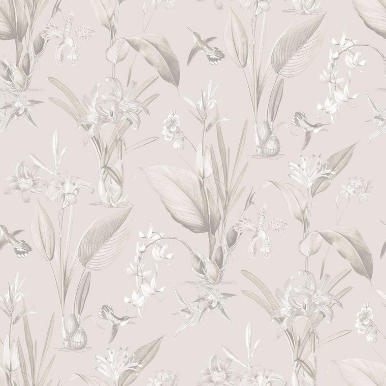 Galerie G78503 - Secret Garden Hummingbirds Lillies Beiges, grey Galerie Wallpaper roll - luxury design for UK feature walls