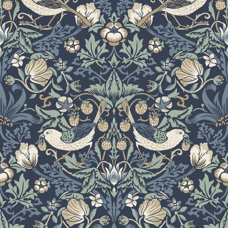 Galerie ET11212 - Arts and Crafts Fragaria Garden Blue Tan White Galerie Wallpaper roll - luxury design for UK feature walls