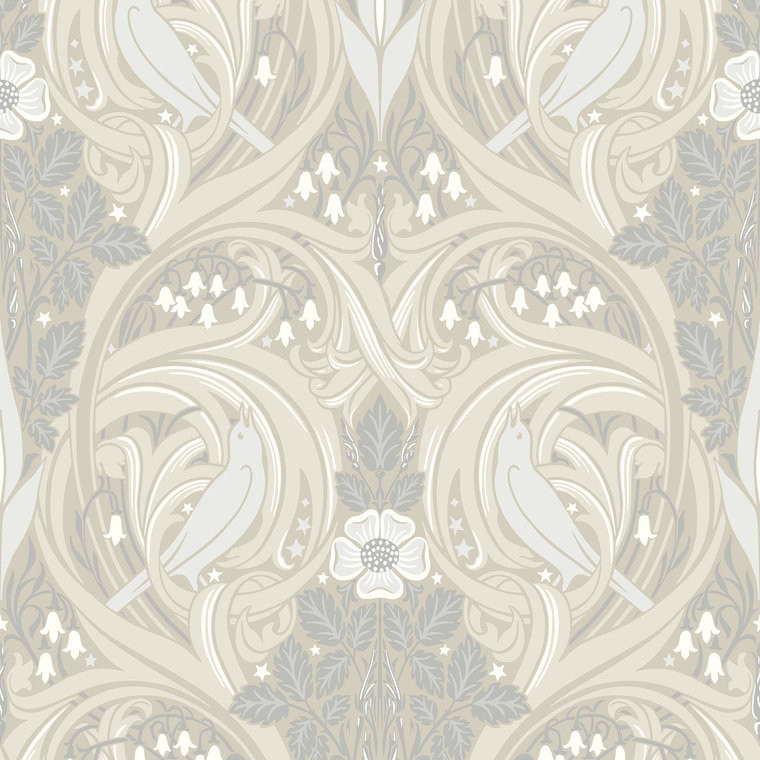 Galerie ET12205 - Arts and Crafts Bird Scroll Beige Cream Grey Galerie Wallpaper roll - luxury design for UK feature walls