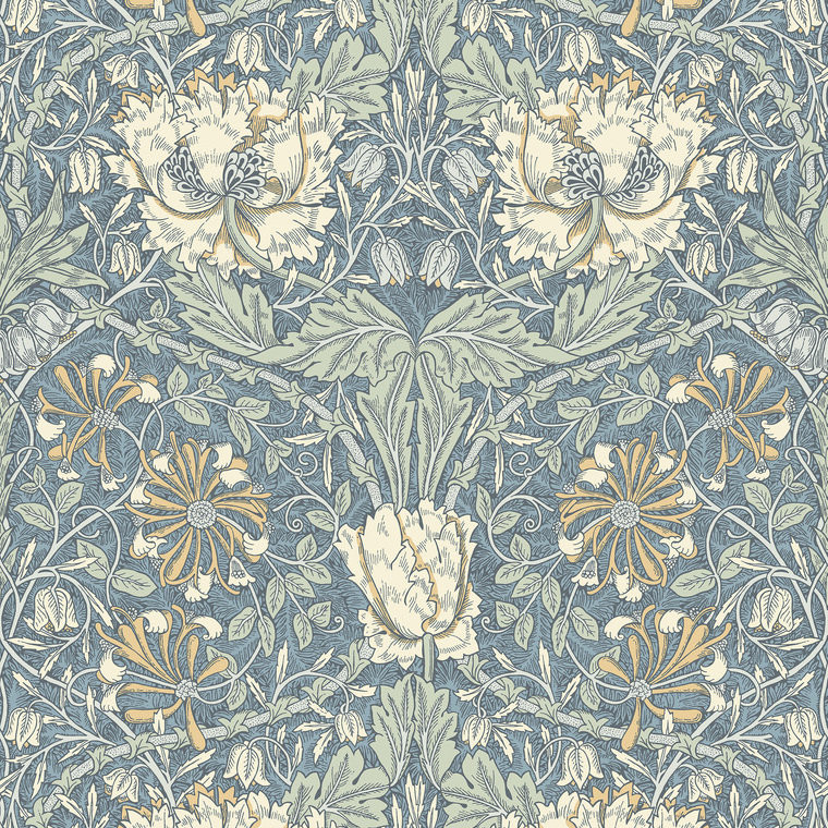 Galerie ET12602 - Arts and Crafts Ogee Flora Blue Sage Cream Galerie Wallpaper roll - luxury design for UK feature walls