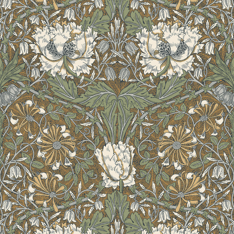 Galerie ET12606 - Arts and Crafts Ogee Flora Orange Green Cream Galerie Wallpaper roll - luxury design for UK feature walls