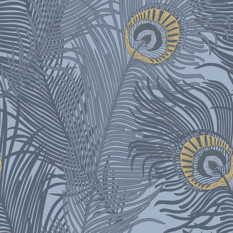 Galerie NHW1046 - Enchanted Peacock Feathers Blue Gold Galerie Wallpaper roll - luxury design for UK feature walls
