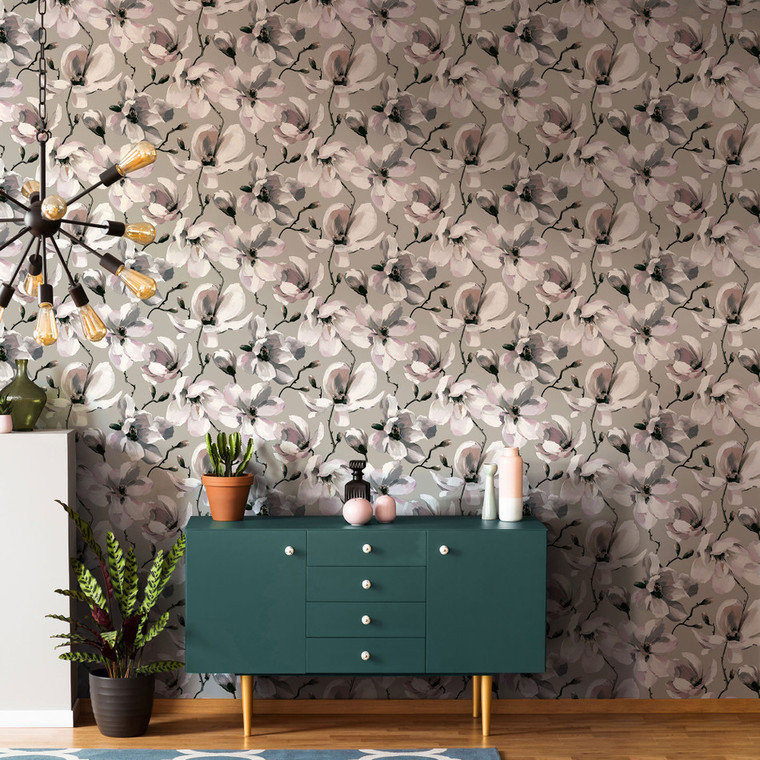 Galerie 47462 - Flora Cherry Blossom Grey Blue Green Rose Galerie Wallpaper roll - luxury design for UK feature walls
