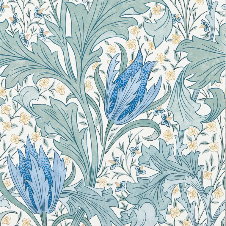 Morris & Co MUNW217597 - The Unfinished Works Classic Floral Blue Morris & Co. Wallpaper roll - luxury design for UK feature walls