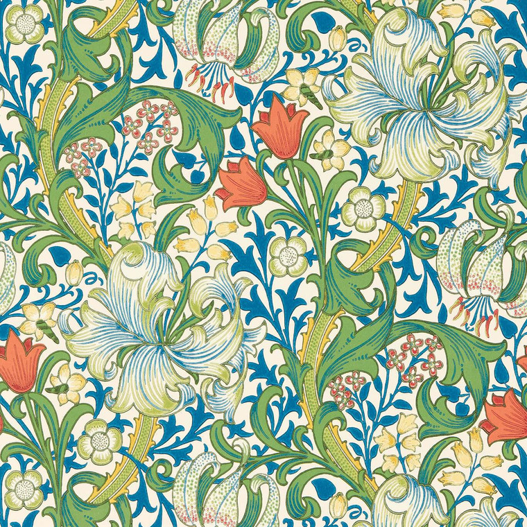 Morris & Co MVOW217330 - Bedford Park Contemporary Floral Blue Morris & Co. Wallpaper roll - luxury design for UK feature walls