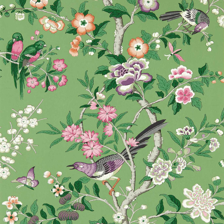 Sanderson DWAW217110 - Water Garden Leaves & Trees Green Sanderson Wallpaper roll - luxury design for UK feature walls