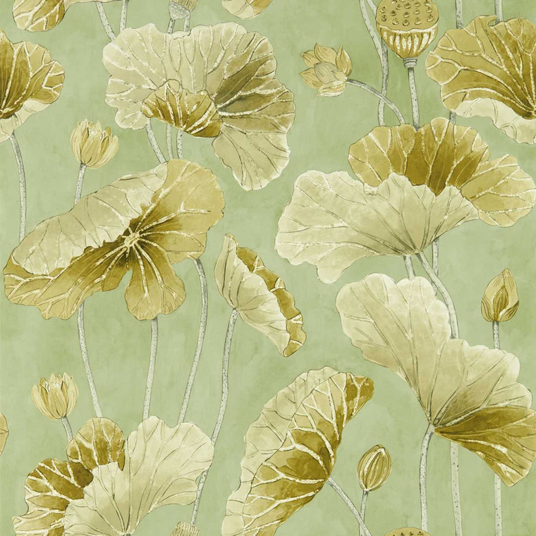Sanderson DWAW217126 - Water Garden Botanical Green Sanderson Wallpaper roll - luxury design for UK feature walls
