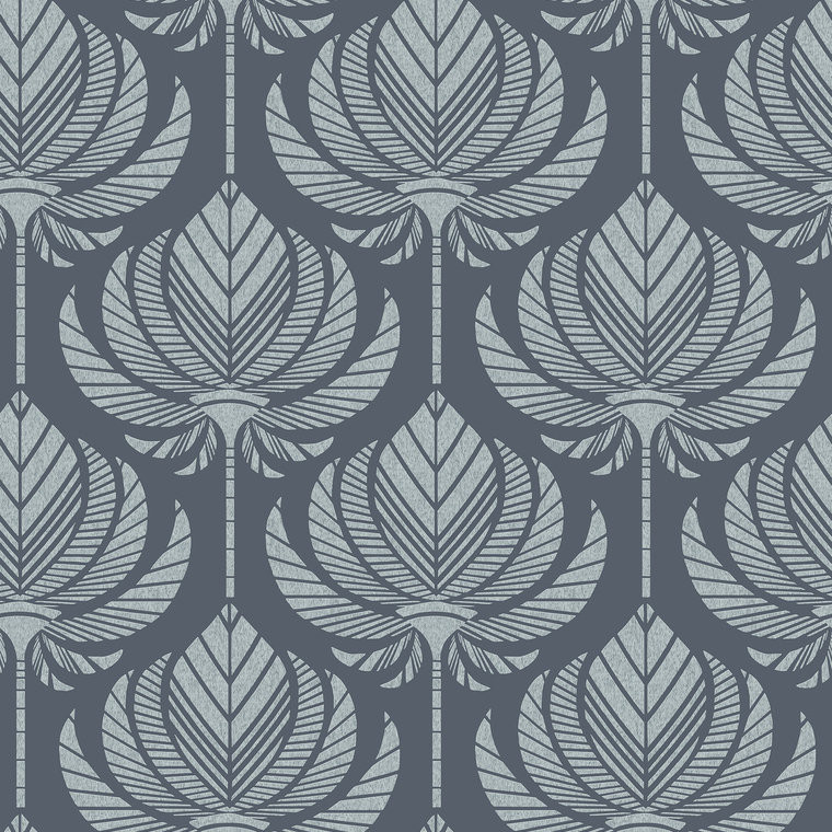 FD26424_Seychelles Stylized lotus ogee Navy blue?grey Fine Decor Wallpaper