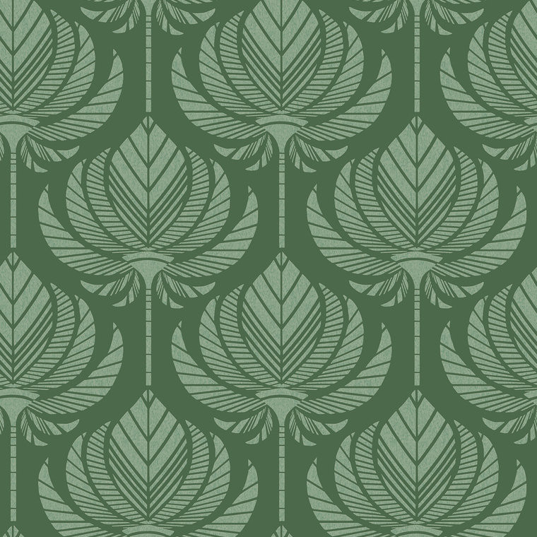 FD26426_Seychelles Stylized lotus ogee Forest green  Fine Decor Wallpaper