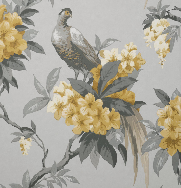 M1662_Crown Elegant, Bird, Motif Grey Yellow Charcoal Fine Decor Wallpaper