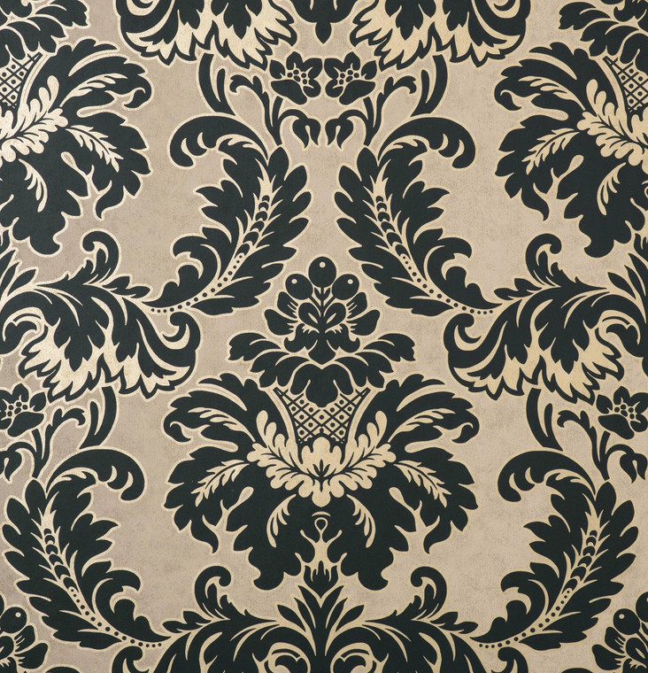M1703_Crown Damask, Bold, Warm Black Gold Taupe Fine Decor Wallpaper
