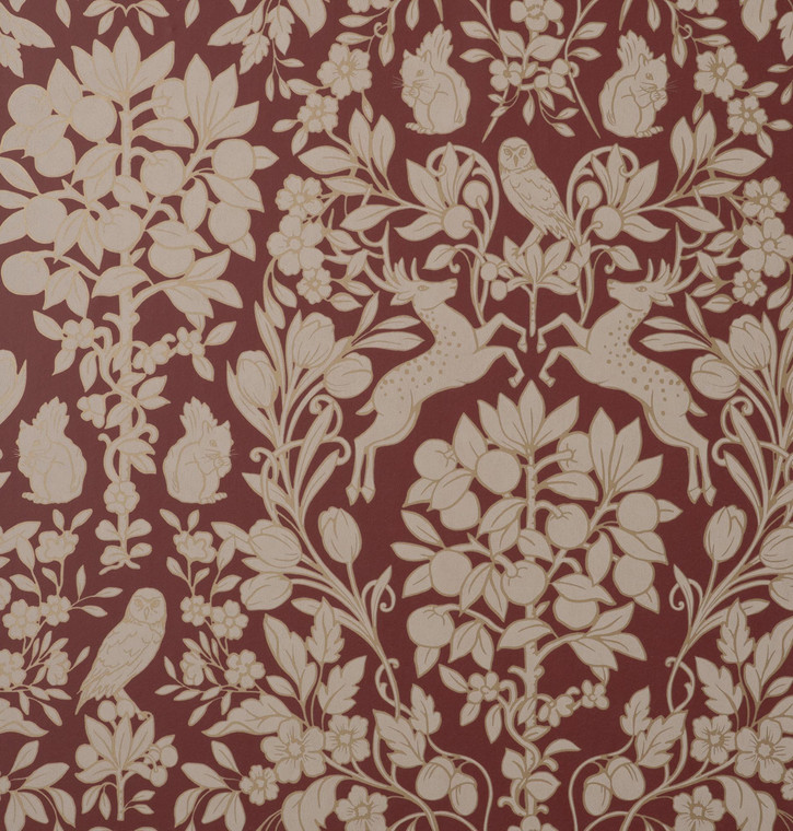 Fine Decor Crown Forest Wildlife Bold Maroon Beige Gold Wallpaper M1685