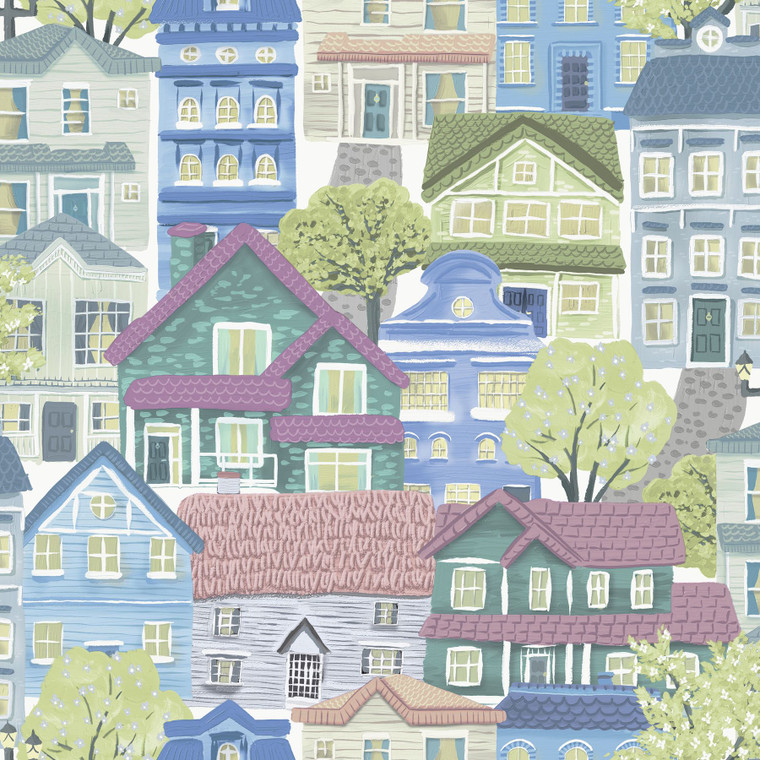 G78601 - Kids and Teens Whimsical Houses Blue Green Purple Lilac Galerie Wallpaper