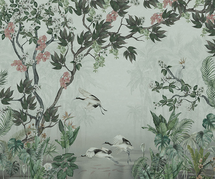 BB30196 - Bombay Design Floral Green Silver Grey Pink Galerie Wallpaper Mural