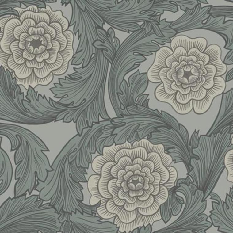 51009 - Blomstermala Roses Leaves Bottle Green & Grey Galerie Wallpaper