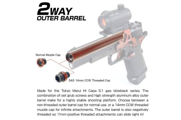 Nine Ball Tokyo Marui Hi Capa 5.1 2 Way Fixed Non-Recoiling Outer Barrel - ZANSHIN - Kurenai Red