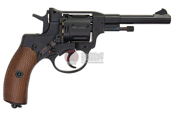 WinGun Airsoft Revolver CO2 721 Nagant M1895 (4 inch, Brown Grip, 6mm Version) - Black