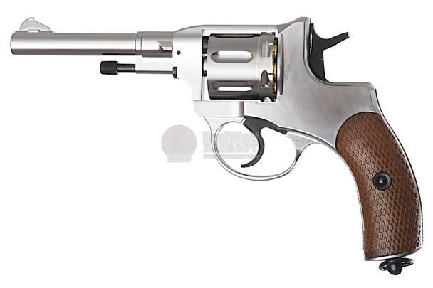 WinGun Airsoft Revolver CO2 721 Nagant M1895 (4 inch, Brown Grip, 6mm Version) - Silver