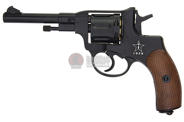 WinGun Airsoft Revolver CO2 721 Nagant M1895 (4 inch, Brown Grip, 6mm Version) - Black