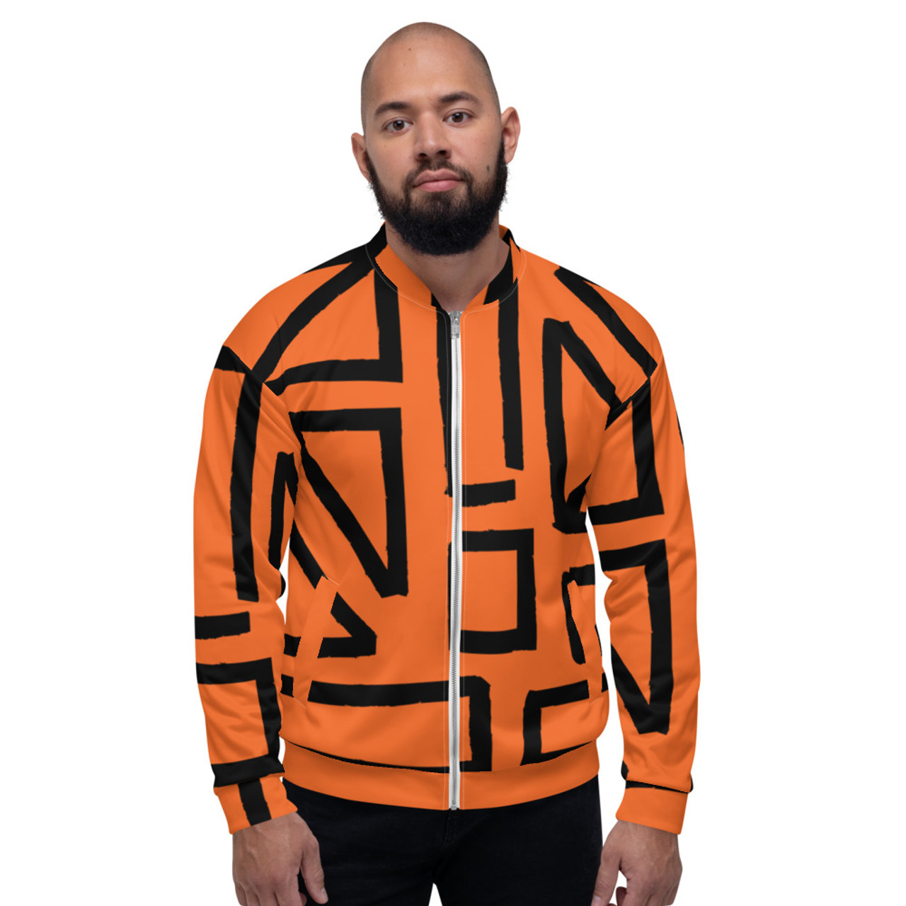 On Sale Orange & Black Sacred Geometry Bomber Jacket